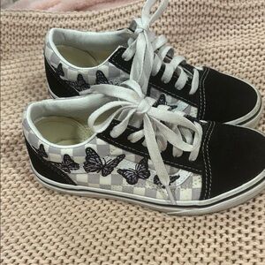 Vans Kids Black & White Checkerboard Sneakers with Purple Butterfly Detail